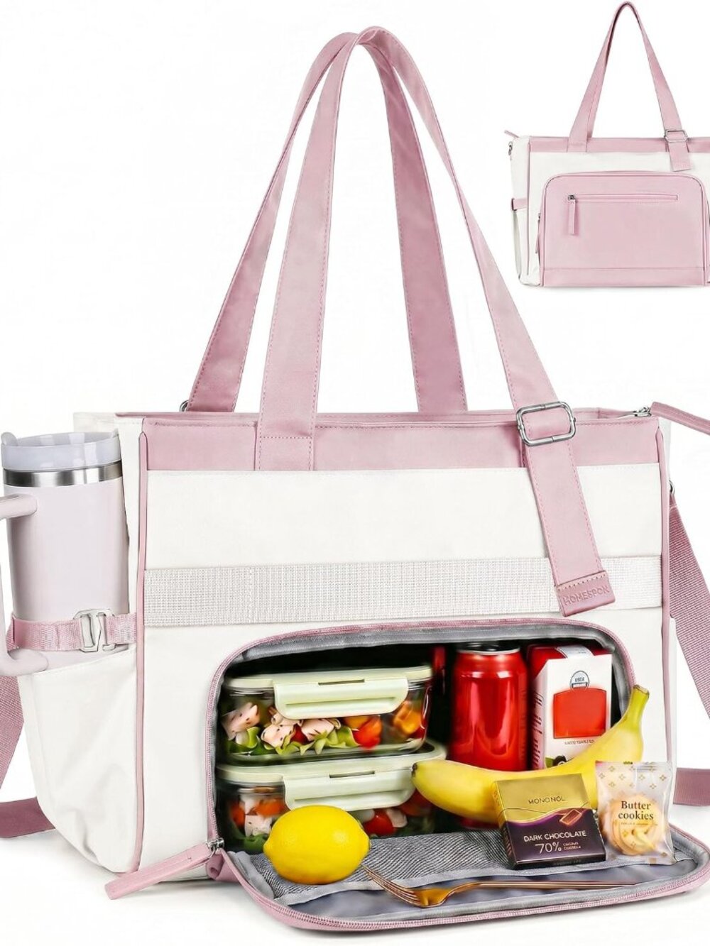 24.5L Large Work Tote Lunch Bag for Women, Fits 15.6" Laptop Pink | Insulated, S